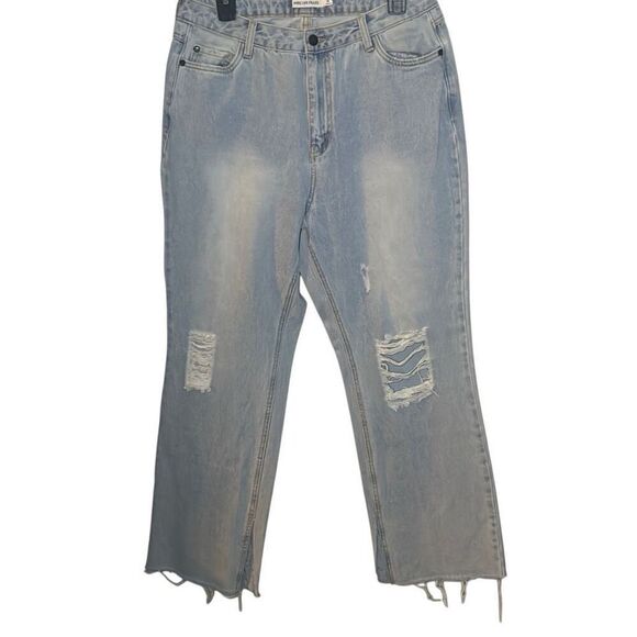 Avec Les Filles Women's Size 31 Light Wash Ripped Slit Hem Jeans Straight Leg - Picture 1 of 8